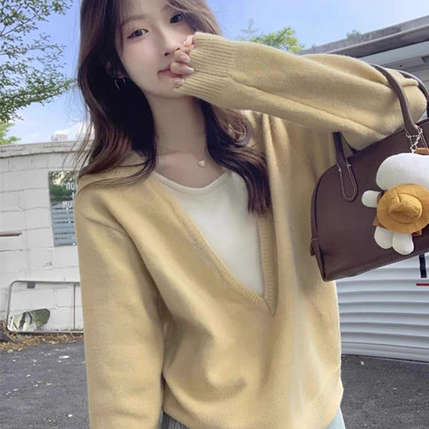 秋冬慵懒百搭宽松长袖打底针织衫上衣设计感假两件黄色毛衣女外穿