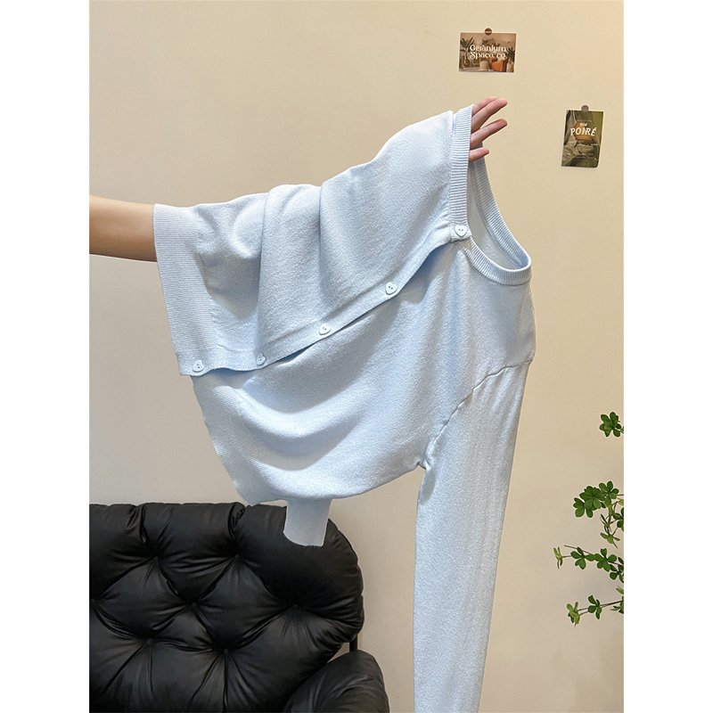 奶蓝色针织开衫女春秋冬薄款韩系圆领外搭短款毛衣外套小个子上衣