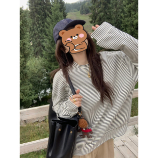 上衣 圆领宽松外穿超好看慵懒风打底衫 条纹长袖 t恤女2025春秋新款