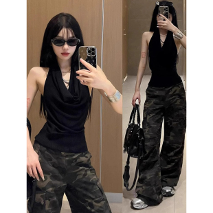 背心女夏季 挂脖荡领无袖 外穿收腰紧身设计感小众别致辣妹露肩上衣