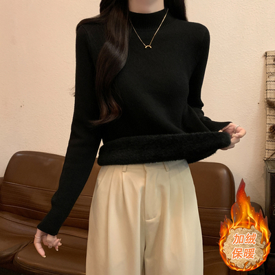 秋冬半高领内搭长袖打底针织衫上衣冬季保暖加厚一体绒黑色毛衣女