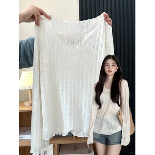 小v领凉感罩衫薄纱女上衣2026夏季薄款镂空微透木耳边防晒长袖t恤