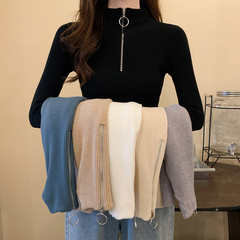 中领毛衣女士打底衫秋冬季半高领修身紧身长袖针织衫洋气内搭上衣