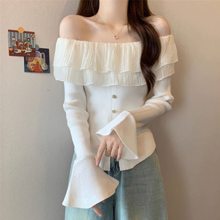 打底衫 荷叶边喇叭袖 一字肩开叉毛衣女内搭长袖 上衣秋冬法式 针织衫