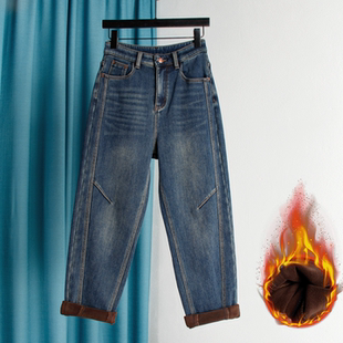 冬季 宽松复古萝卜裤 女加绒加厚哈伦裤 高腰显瘦拼接哈伦牛仔老爹裤
