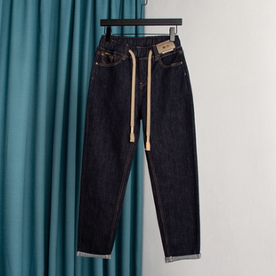 松紧腰萝卜老爹裤 胖MM秋冬新款 女大码 加绒不掉色丹宁蓝哈伦牛仔裤
