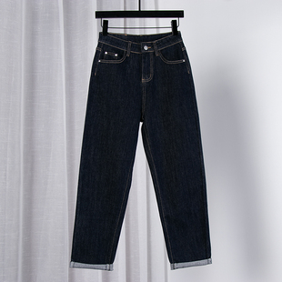 高腰显瘦宽松加长直筒老爹裤 新款 子 女丹宁色秋季 深蓝哈伦牛仔裤