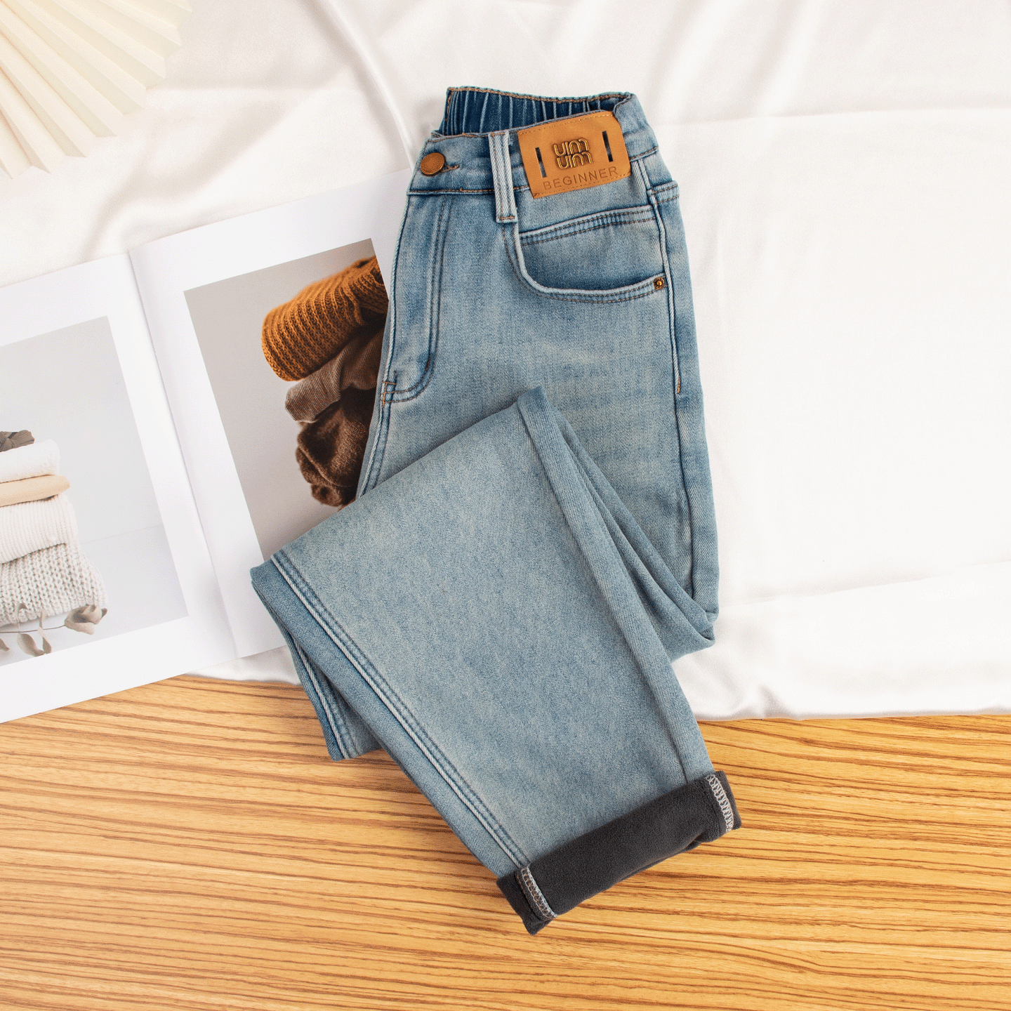 浅蓝哈伦加绒牛仔裤女加厚大码胖MM2025秋冬松紧腰萝卜加长老爹裤