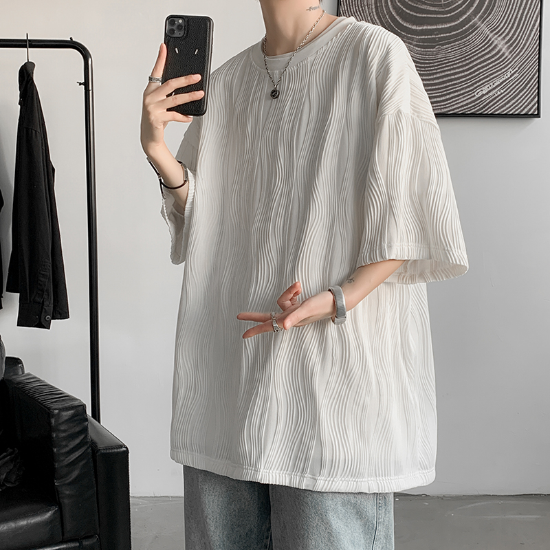冰丝短袖男设计感小众褶皱条纹T恤宽松圆领垂感五分袖慵懒风上衣