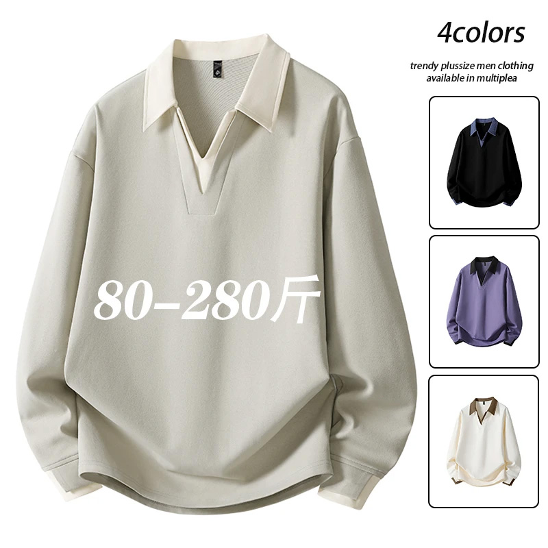 韩系假两件设计拼色衬衫领卫衣男