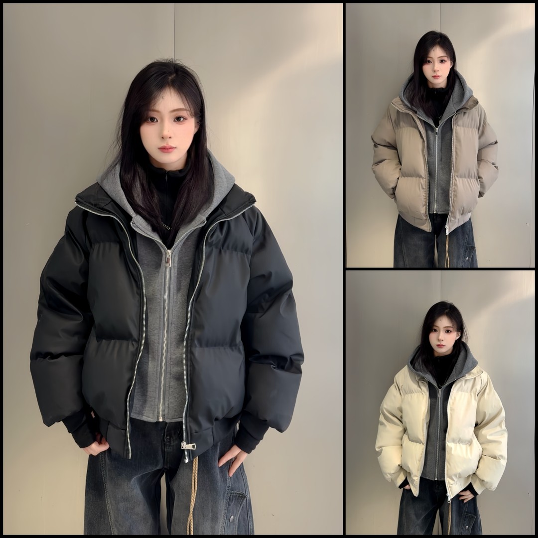 假两件冬季连帽PU皮双拉链棉服男