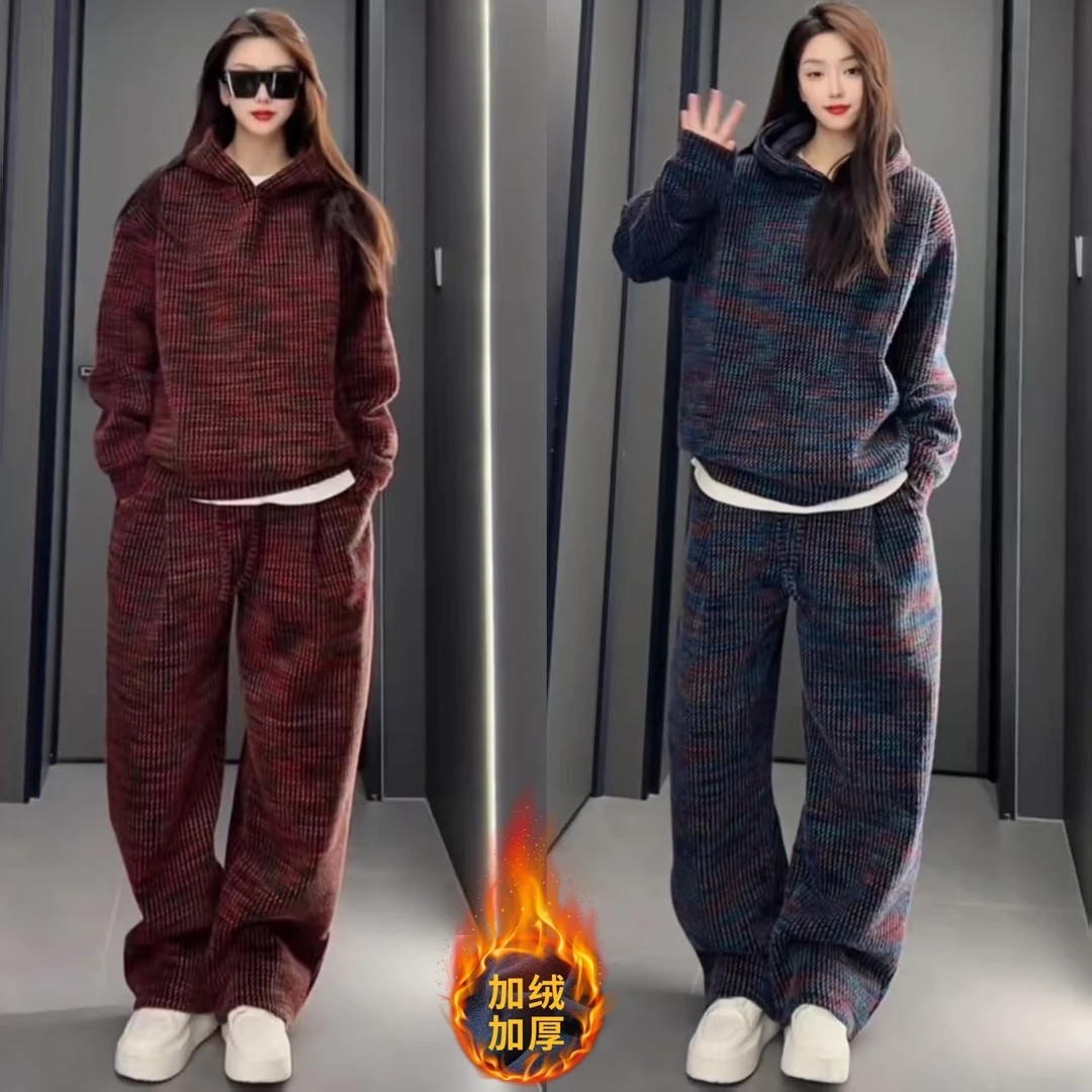 美式重磅彩色针织套装男连帽卫衣