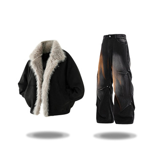 防寒两件套潮 冬季 美式 街头复古潮牌加绒棉衣男水洗做旧直筒牛仔裤