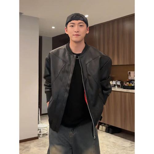 美式高街解构垫肩皮衣夹克男外套