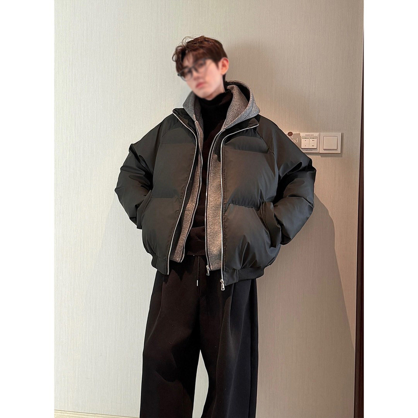 PU皮双拉链拼接连帽假两件棉服男