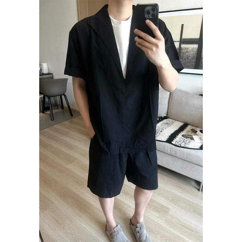 老钱风亚麻套装男短袖衬衫短裤