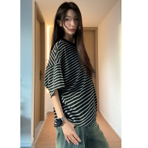 夏季立体剪裁条纹蝙蝠袖T恤男女