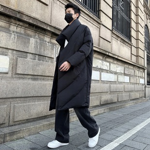 羽绒棉服男超长款过膝立领无帽设计感棉衣冬季中长款加厚保暖外套