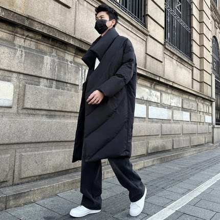 羽绒棉服男超长款过膝立领无帽设计感棉衣冬季中长款加厚保暖外套