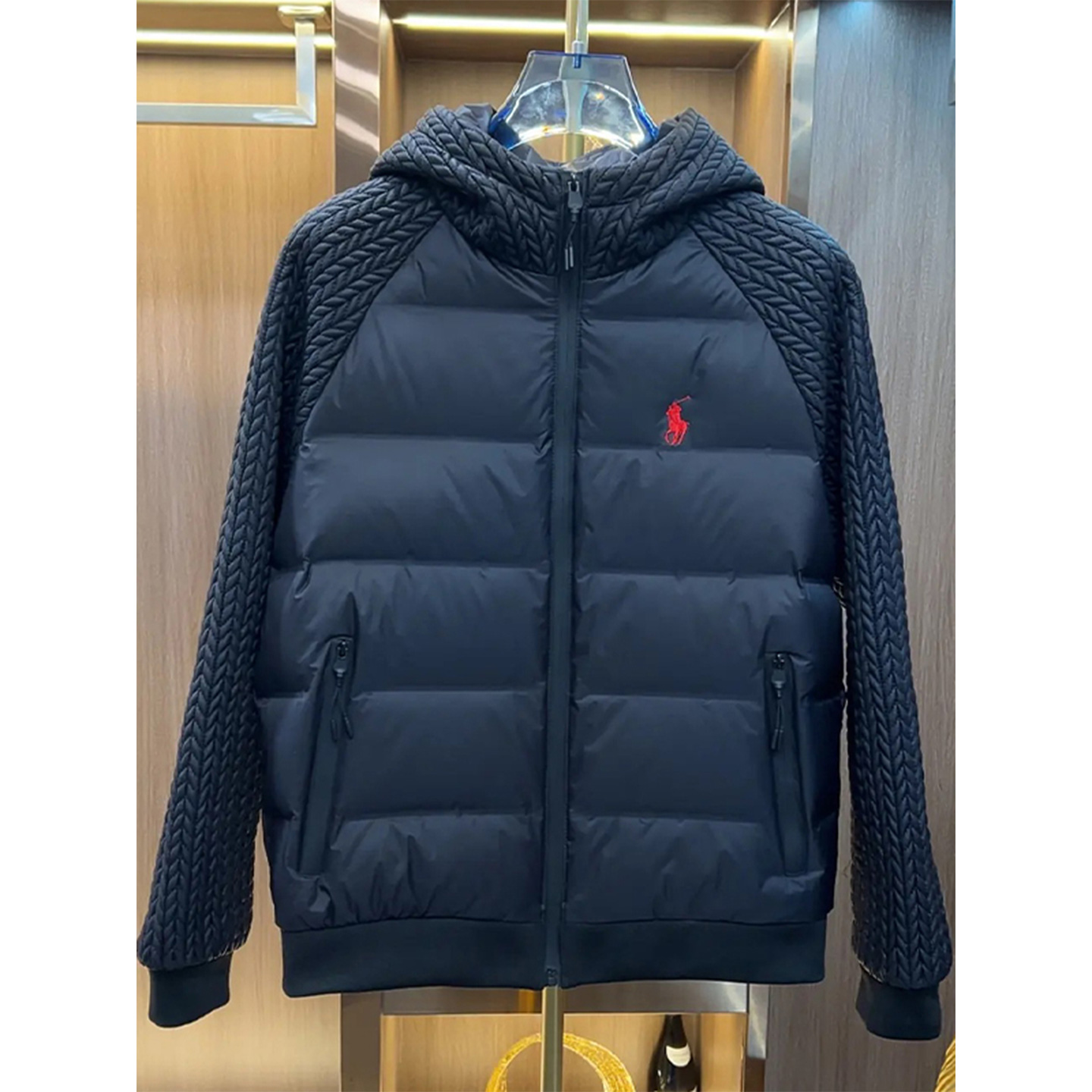 欧美高端PU皮拼接编织袖羽绒棉服