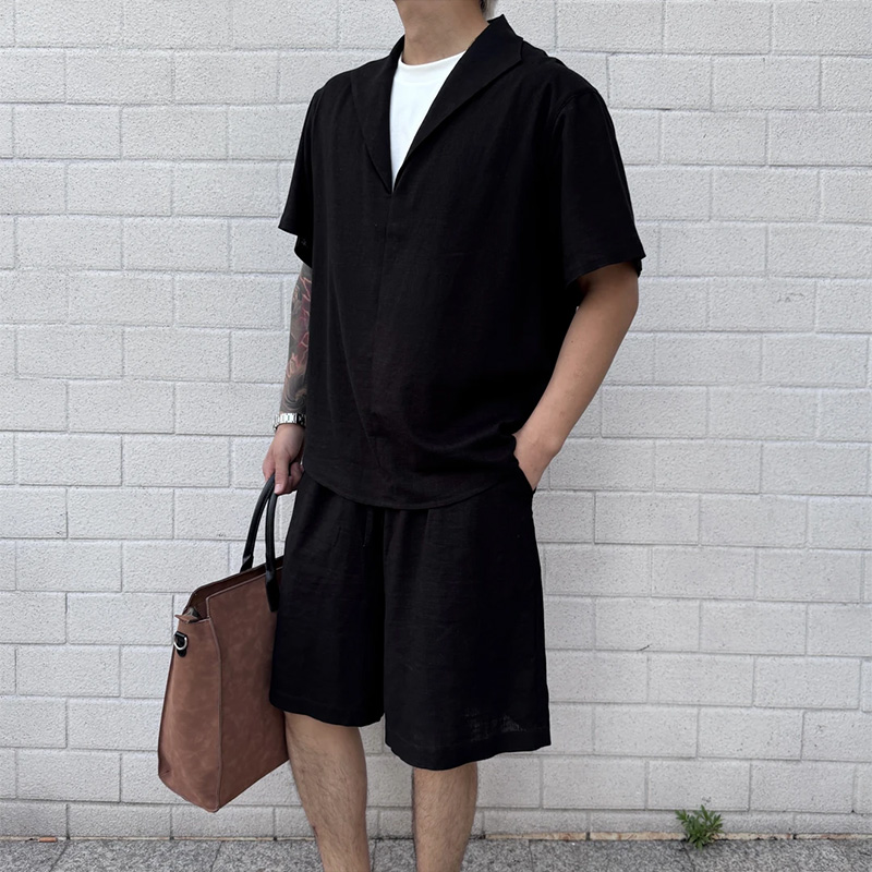 老钱风轻奢亚麻天丝套装男夏季