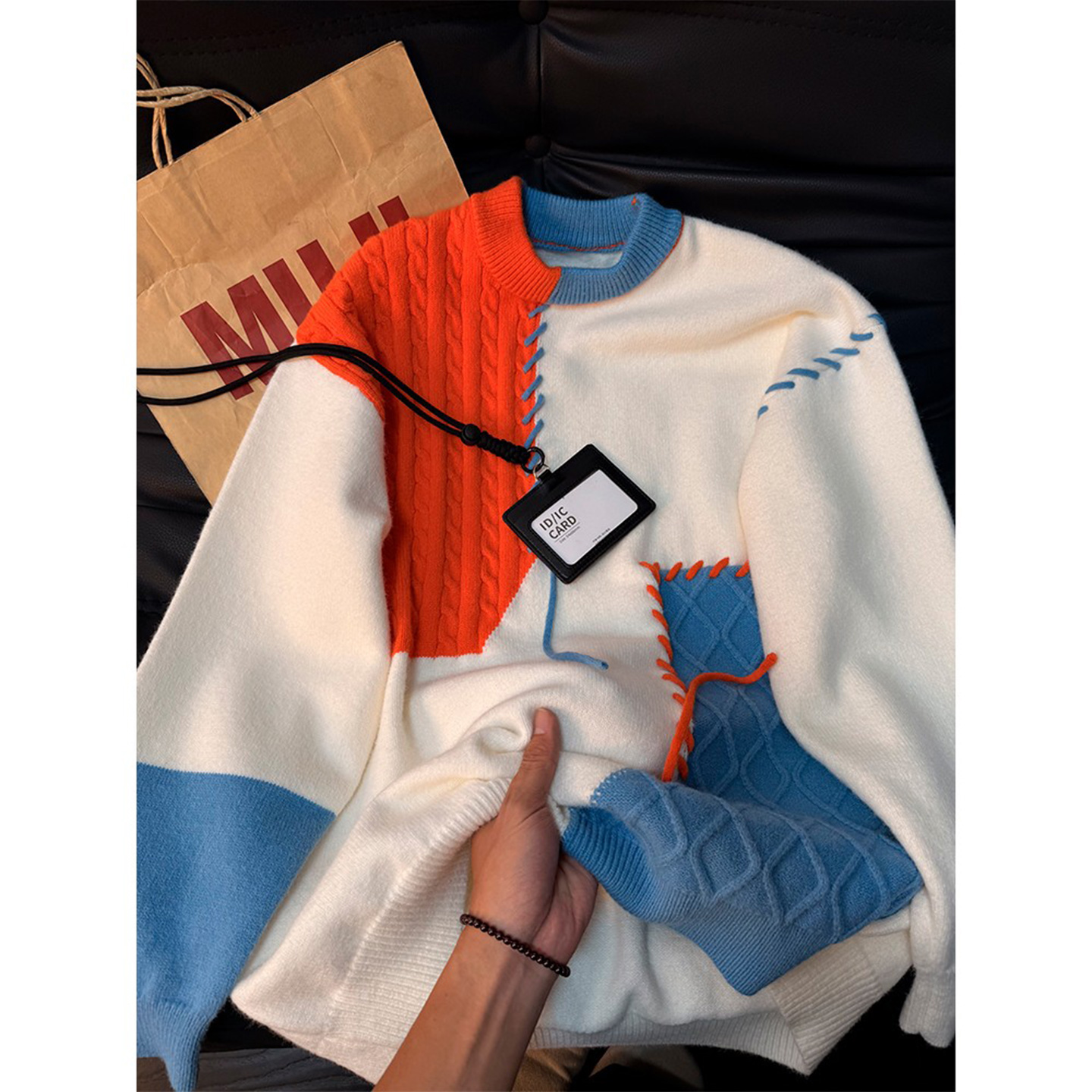 高级感拼接撞色毛衣男针织衫外套