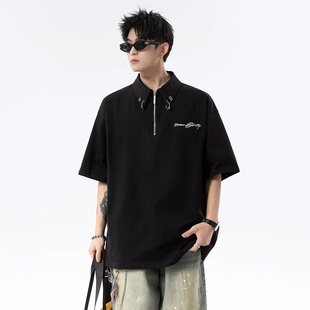 潮牌刺绣半拉链短袖 男高级感衬衫 美式 POLO衫 上衣潮 领t恤夏季 半袖