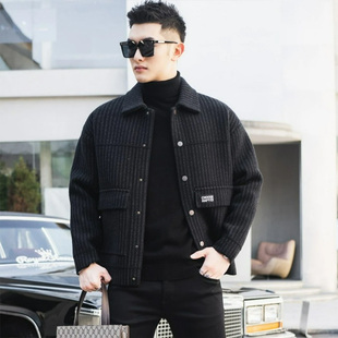 潮牌竖条纹上衣秋冬加厚高级感男装 短款 大衣 男士 呢子外套2024新款
