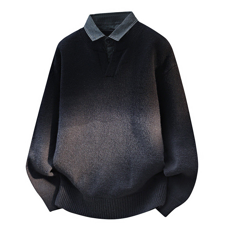 渐变色衬衫领拼接假两件毛衣男高级感时尚冬季加厚针织衫内搭线衣,男装,针织衫/毛衣,淘宝优惠券,粉丝福利购,淘宝优惠卷