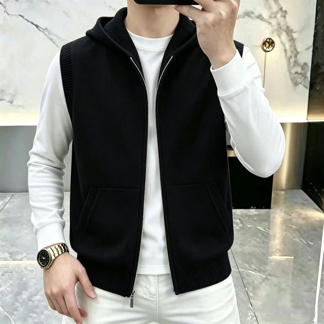 高档轻奢针织连帽背心外套男秋季时尚百搭毛衣马甲潮流休闲坎肩潮