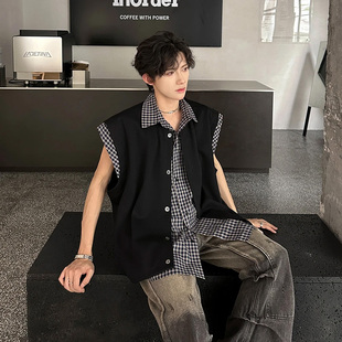 衬衣背心 翻领无袖 高级感格子拼接假两件衬衫 男cleanfit潮痞帅夏季