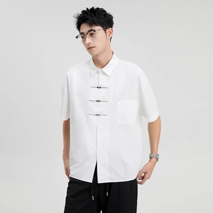 新中式冰丝垂感白色衬衫男高级感唐装盘口短袖衬衣夏季休闲上衣潮