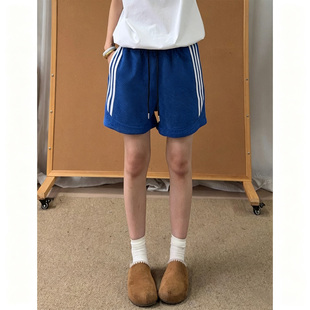 美式高街三道杠条纹拼接休闲短裤男女宽松大码夏季薄款直筒半截裤