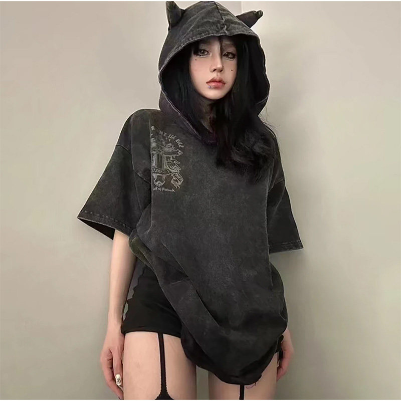 欧美高街十字架印花短袖连帽卫衣