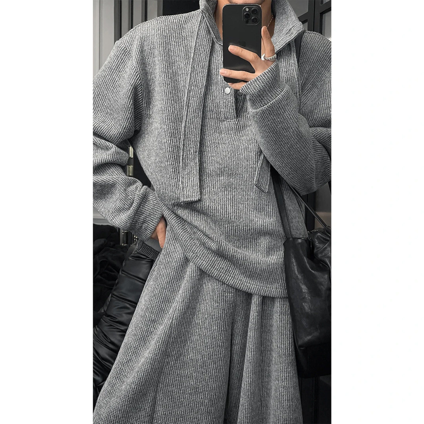 欧美小众设计感慵懒风针织卫衣套装男cleanfit纯色阔腿裤两件套潮,男装,时尚套装,淘宝优惠券,粉丝福利购,淘宝优惠卷