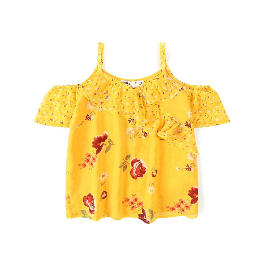 110/160夏季女童白色印花雪纺小衫中大童花边吊带衫小童无袖上衣
