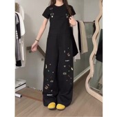 复古重工直筒拖地裤 子女春季 清仓甜酷童趣刺绣黑色牛仔背带裤 断码