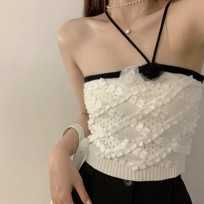 挂脖爵士舞上衣夏法式山茶花白色外穿辣妹甜辣jazz吊带