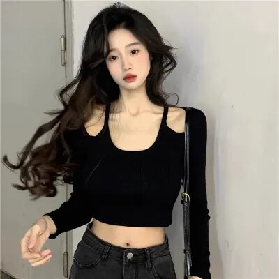 秋冬爵士舞上衣女性感黑色长袖镂空修身露脐短款甜辣jazz衣服装女
