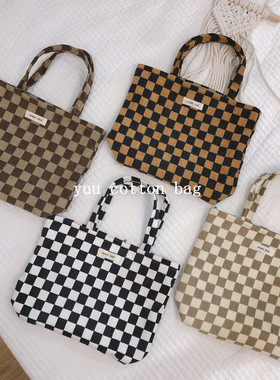 【YUU布包】复古潮流棋盘格灯芯绒手提小布袋实用拉链小包妈咪包