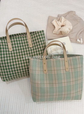【YUU布包】文艺绿格手提小方包女小号托特包加厚妈咪包拉链皮带
