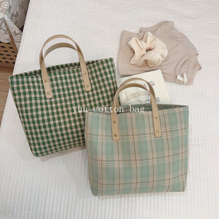 【YUU布包】文艺绿格手提小方包女小号托特包加厚妈咪包拉链皮带