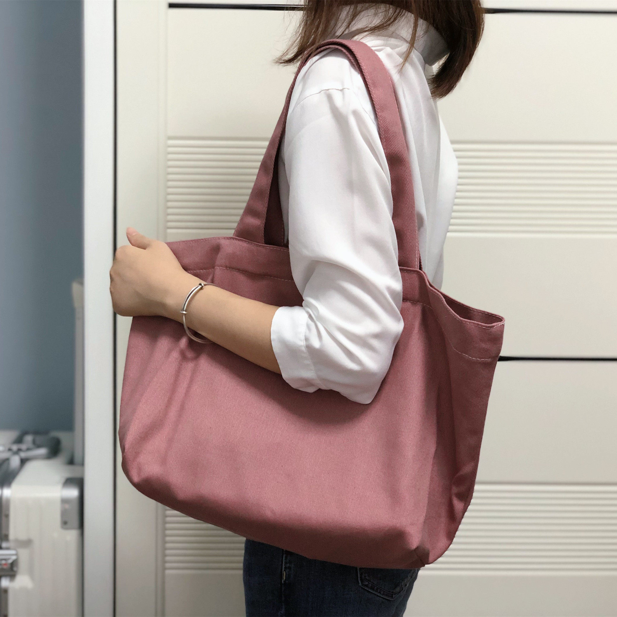 莫兰迪粉色系帆布包大容量女单肩布袋包慵懒风托特包纯色简约百搭