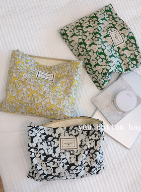YUU布包夏季新品绿色小叶子棉布化妆袋收纳袋女士手拿包文艺清新
