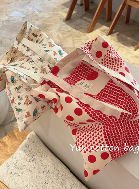 【YUU布包】红色波点宠物小狗印花肩棉布袋帆布包小众文艺百搭
