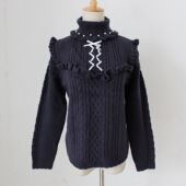 日单外套手工绒带荷叶边针织毛衣女士套衫 高领清新甜美串珠