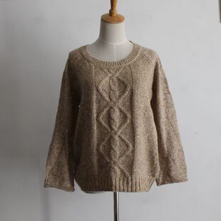 日单麻花毛衣圆领九分袖秋冬针织毛衣女士百搭气质花点纱