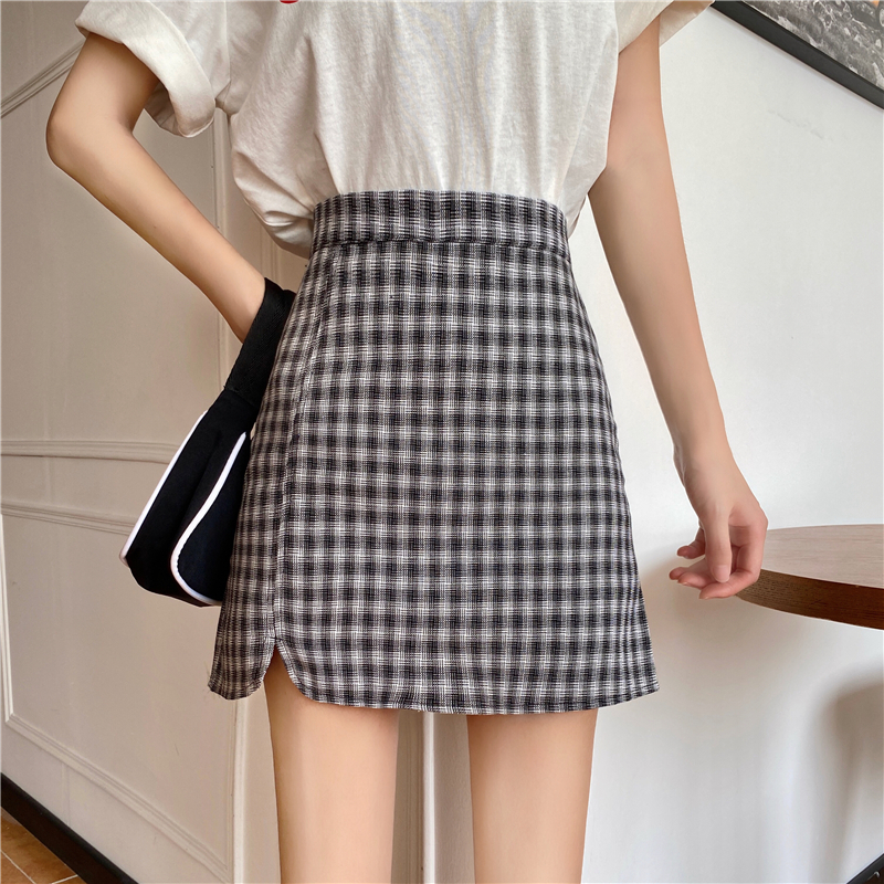 Real shot real price Korean version chic slim bag hip skirt personality split high waist plaid skirt