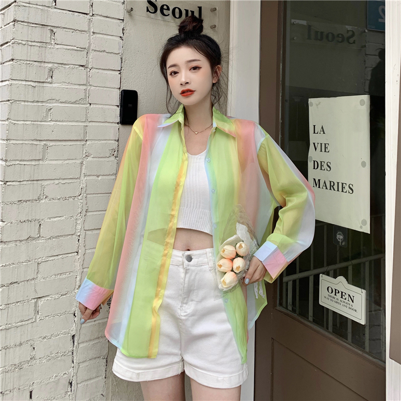 Real shot real price summer ins gradient cardigan shirt women's fashion long sleeve versatile sunscreen shirt
