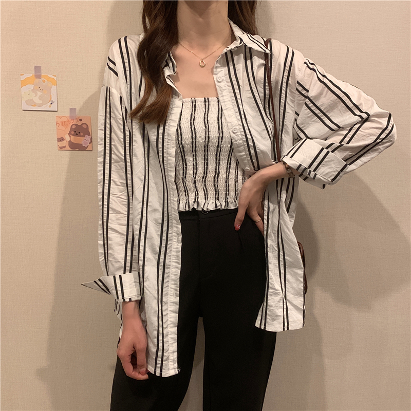 Real price Korean chic casual stripe Lapel shirt + ear fold bottom bra